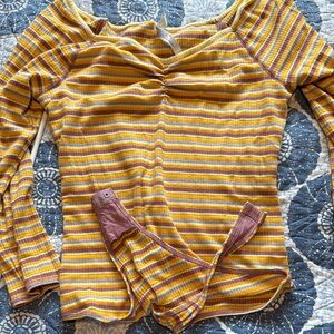 Free People Yellow and Mauve Striped Ribbed Long Sleeve Top